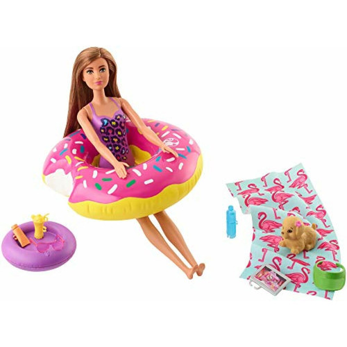 Barbie - Ensemble de mobilier dextArieur Barbie avec Donut Floatie (vraiment flottant), jouet pour chiot gicleur deau et 8 accessoires thAmatiques Barbie  - Accessoires poupee