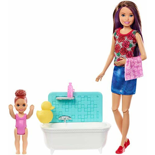 Barbie - Barbie Skipper Babysitters Inc Ensemble de jeu avec baignoire, poupAe Skipper Babysitting et petite poupAe pour tout-petit avec bouton pour bouger les bras et Aclabousser, plus accessoires thAmatiques, cadeau pour les enfants de 3 A 7 ans Barbie  - Jeux & Jouets