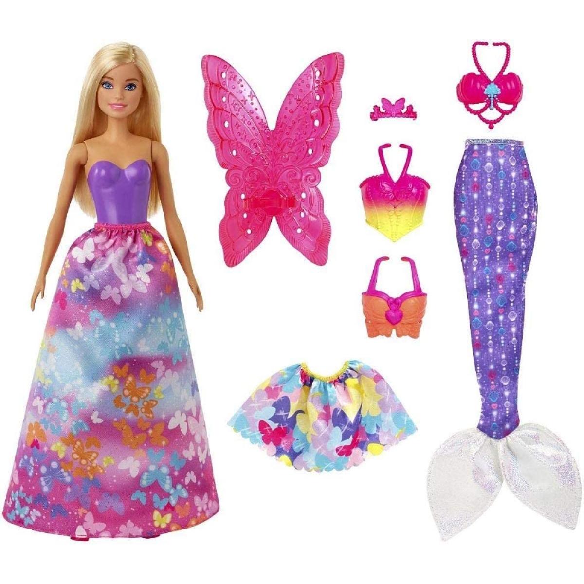 Poupées Barbie Barbie Dreamtopia poupée Papillons coffret 3-en-1 blonde avec trois tenues roses de princesse, sirène et fée, jouet pour enfant, GJK40