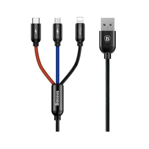Baseus - Cable Baseus 3in1 Type-C/Lightning/Micro-USB 3A 1.2m Negro Baseus - Câble USB Usb -c