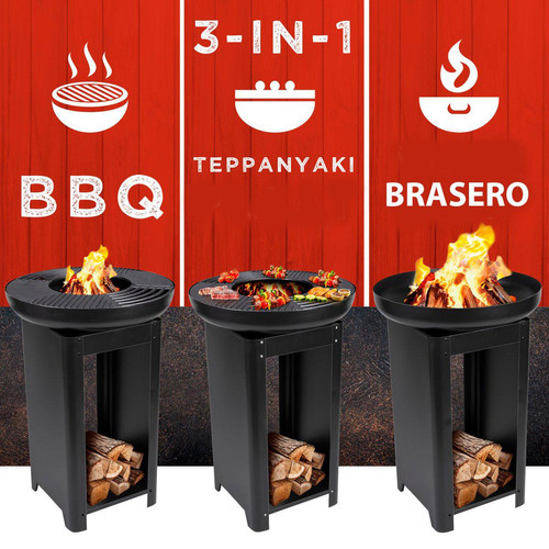 Bbq Collection Barbecue brasero Cuisson grill Teppanyaki 3en1 Bois ou Charbon Ø 61 x H90 cm Chauffage extérieur BBQ COLLECTION
