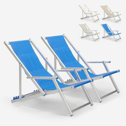 Beach And Garden Design - 2 Transat chaises de plage pliantes mer plage accoudoirs aluminium Riccione Gold Lux | Bleu Beach And Garden Design  - Mobilier de jardin