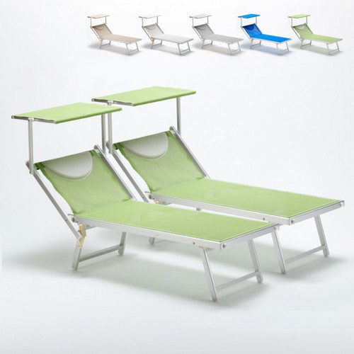 Transats, chaises longues Beach And Garden Design Bain de soleil professionnels transat aluminium lits de plage Italia 2 pièces, Couleur: Vert