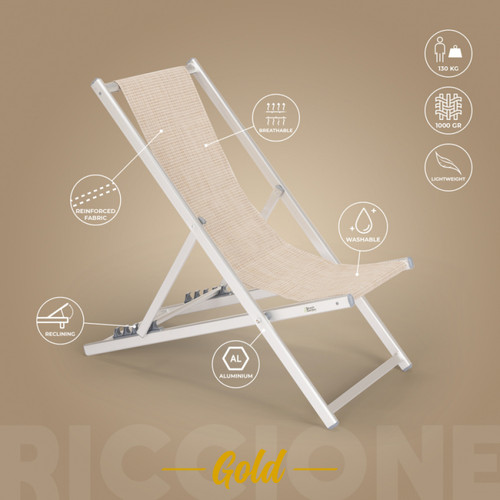 Transats, chaises longues Chaise longue et transat de plage pliant réglable en aluminium Riccione Gold, Couleur: Beige