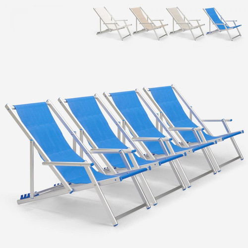 Beach And Garden Design - 4 transats chaises de plage pliantes mer plage accoudoirs aluminium Riccione Gold Lux | Bleu - Transats, chaises longues