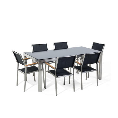 Beliani - Ensemble de jardin table en verre noire et 6 chaises noires GROSSETO Beliani  - Salon de jardin résine tressée gris Mobilier de jardin