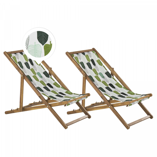 Ensembles canapés et fauteuils Beliani Lot de 2 chiliennes en bois clair et tissu motif feuilles blanc et vert ANZIO