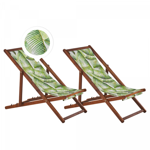 Ensembles canapés et fauteuils Beliani Lot de 2 chiliennes en bois foncé et tissu motif feuilles palmier vert et blanc ANZIO