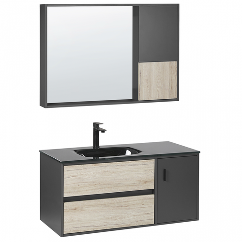 Beliani - Meuble vasque avec miroir et cabinet 100 cm bois clair et noir TERUEL - Beliani