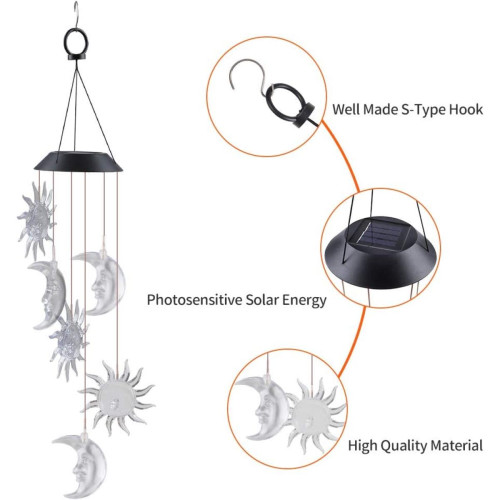 BESTA - Carillon éolien solaire, Sun Moon LED carillon éolien solaire lumière changeante décoration extérieure étanche pour terrasse de jardin, terrasse, cour BESTA - Eclairage extérieur de jardin