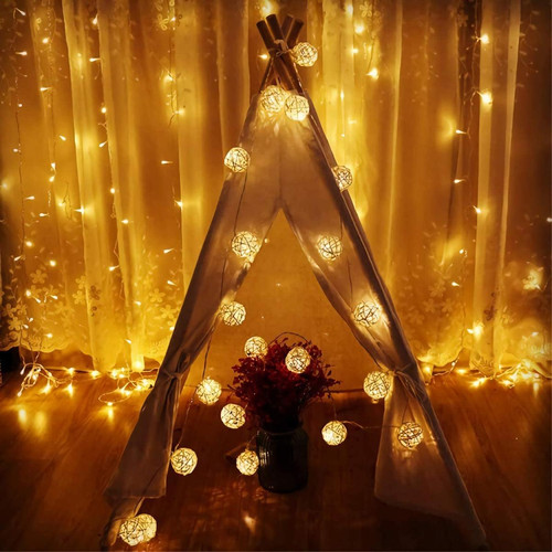 BESTA - Guirlande lumineuse à 20 LED à piles, 16,4 pieds 20 boules de rotin globe lumière de Noël, guirlande lumineuse d'intérieur décorative pour chambre à coucher, fête, mariage (blanc chaud) BESTA  - Suspension rotin Luminaires