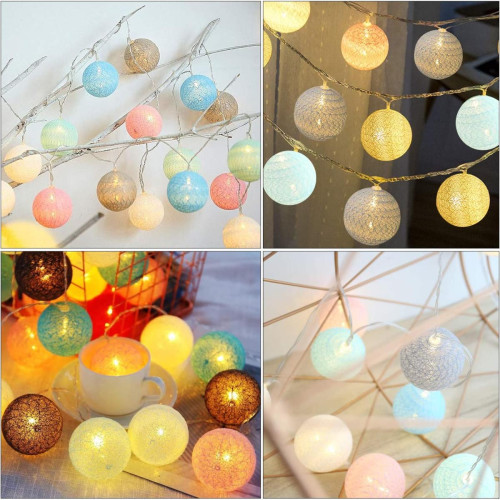 BESTA - Guirlande lumineuse avec boules de coton, à piles, guirlande lumineuse boule 3M 20 LED, applique murale d'intérieur, lumières de Noël, décoration pour fêtes, jardins, Noël, mariages - BESTA