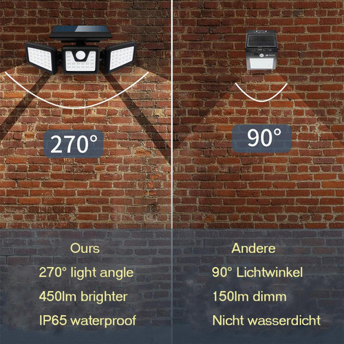 BESTA Lampes solaires de sécurité, 3 têtes de détecteur de mouvement réglables 74 LED projecteurs extérieurs rotatifs à 360° IP65 étanches pour porche, jardin, terrasse, garage, allée