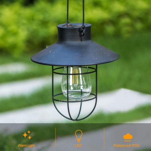 BESTA - Lanterne solaire à suspendre avec crochet, lampe solaire à LED vintage avec blanc chaud, cage en acier, lanterne solaire à énergie solaire étanche pour jardin, cour, patio, clôture, décor - Noir - BESTA