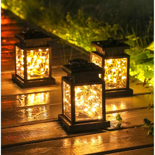 Guirlande lumineuse solaire d'extérieur LED, lampe solaire de jardin,  décoration en forme de lanterne, plastique noir, LED blanc chaud, L 200 cm,  lot de 2