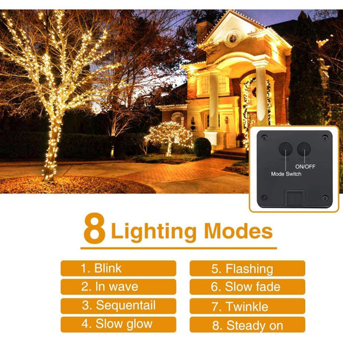 Guirlande Lumineuse Exterieure Solaire etanche,avec 8 Modes, pour la  Decoration Exterieur, Jardin, Arbres,12m 100 LED(Blanc Chaud)