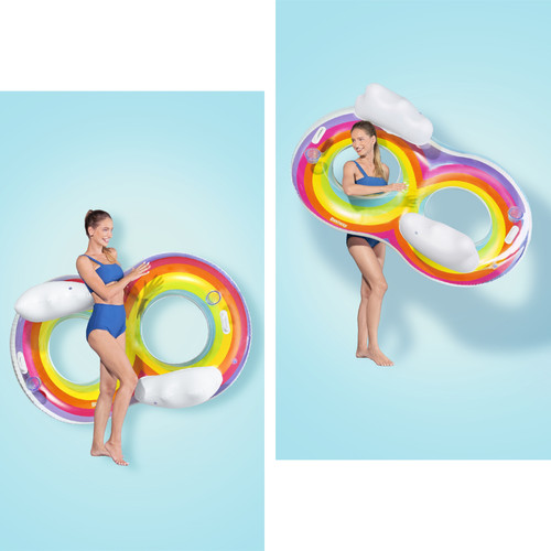 Bestway Bouée Gonflable Double pour Plage ou Piscine Bestway Rainbow Dreams Swin Tube 172x102 cm avec 2 Porte-Verres Multicolore