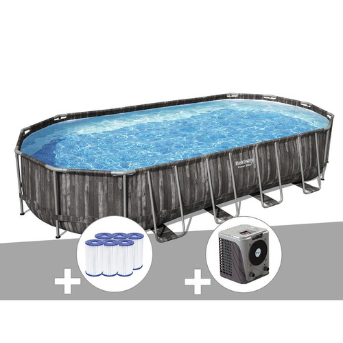Bestway - Kit piscine tubulaire ovale Bestway Power Steel décor bois 7,32 x 3,66 x 1,22 m + 6 cartouches de filtration + Pompe à chaleur Bestway  - Pompe piscine 6m3