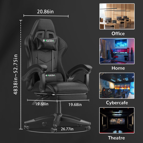 BIGZZIA Fauteuil de Bureau - BIGZZIA Siège de bureau Réglable - Chaise gaming avec Appui-tête et Support lombaire, 136kg, Noir