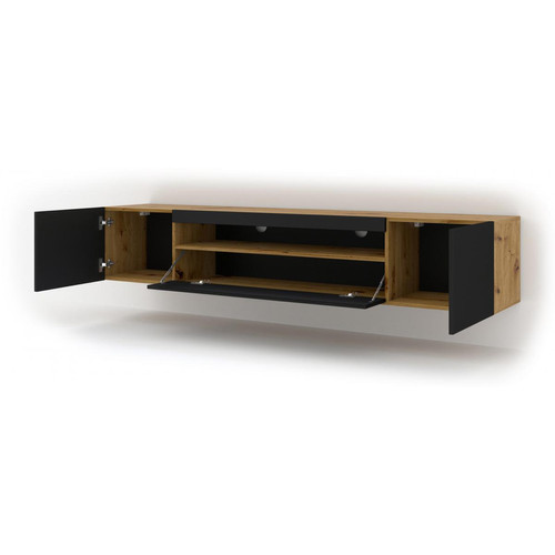 Bim Furniture Meuble TV bas universel AURA 200 cm à suspendre ou à poser Chêne artisan / Noir mat sans LED