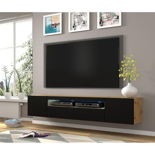 Meubles TV, Hi-Fi Meuble TV bas universel AURA 200 cm à suspendre ou à poser Chêne artisan / Noir mat sans LED