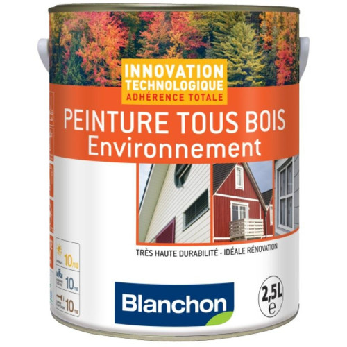 Produit de finition pour bois Blanchon Peinture microporeuse hydrofuge Tous Bois Environnement, blanc 9016, bidon 2,5l