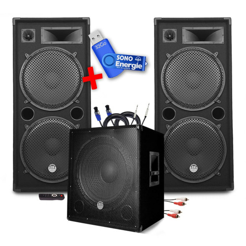 Bm Sonic - Pack Sonorisation MEGA BASSES 3200W Caisson/Subwoofer bi-amplifié 18" 46cm - Enceintes 215, SONO DJ SOIREE MIX BAR+ Clé USB 32G Bm Sonic  - Caisson basses amplifie