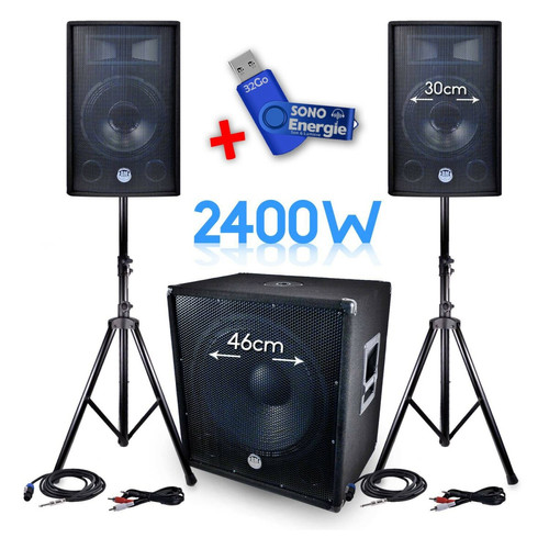 Bm Sonic - PACK Sono BMS-1812 2400W SUB Actif 46cm - 2 enceintes 30cm + Câbles+ Clé USB 32Go Bm Sonic  - Equipement DJ