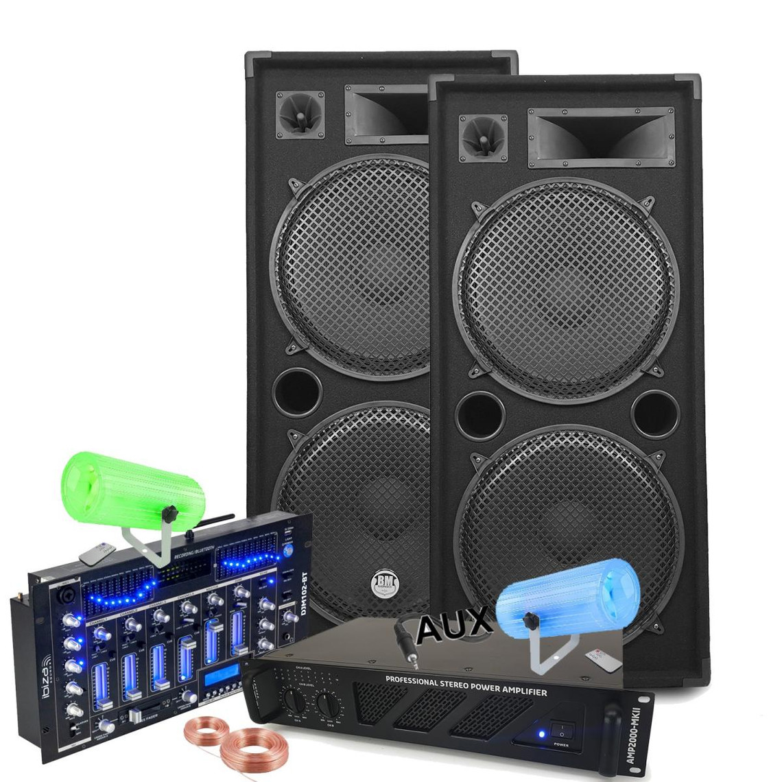 Packs DJ Bm Sonic Pack Sono Ibiza Sound 7000W Total 2 Enceintes Bm Sonic, Ampli ventilé, Table Bluetooth/USB, Câbles , Mariage, Salle des fêtes DJ