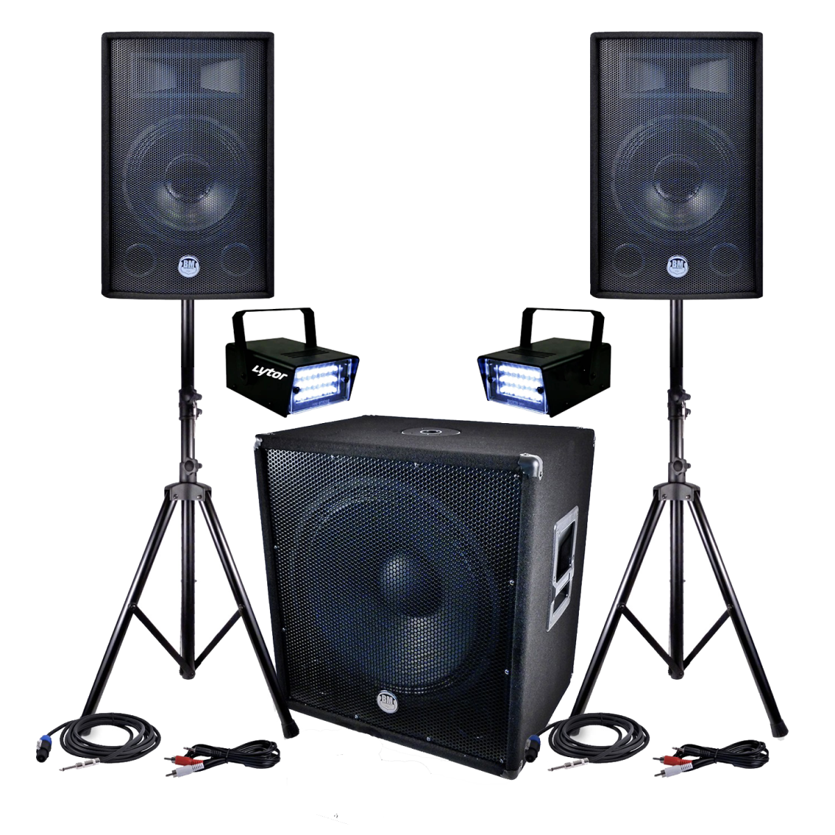 Packs DJ Bm Sonic PACK Sonorisation DJ PA BMS-1812 2400W SUB 46cm - 2 HP 30cm + Câbles + 2 Mini LEDSTROBES LytOr