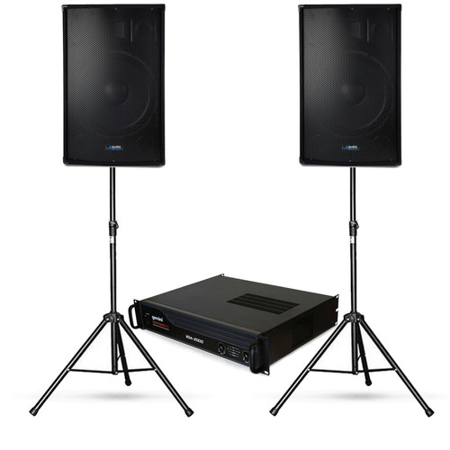 Bmi - SONO DJ 3200W TOTAL, Bass Reflex Enceintes Trapézoïdal 3 voies 12"/30cm - 1200W avec supports PIEDS + Amplificateur Gemini 2000W Bmi  - Packs DJ