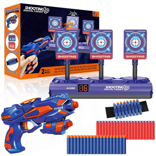 Bonbell - pistolet avec 40 flèchettes en mousse et 3 cibles électronique bleu orange - Jeu flechettes electronique