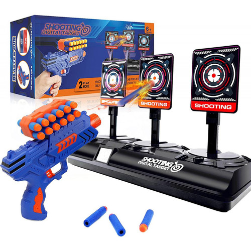 Bonbell - pistolet avec 40 flèchettes en mousse et 3 cibles électronique bleu orange - Jeu flechettes electronique