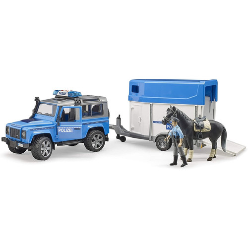 Voitures Bruder 02588 - Véhicule de police Land Rover Defender avec remorque pour chevaux