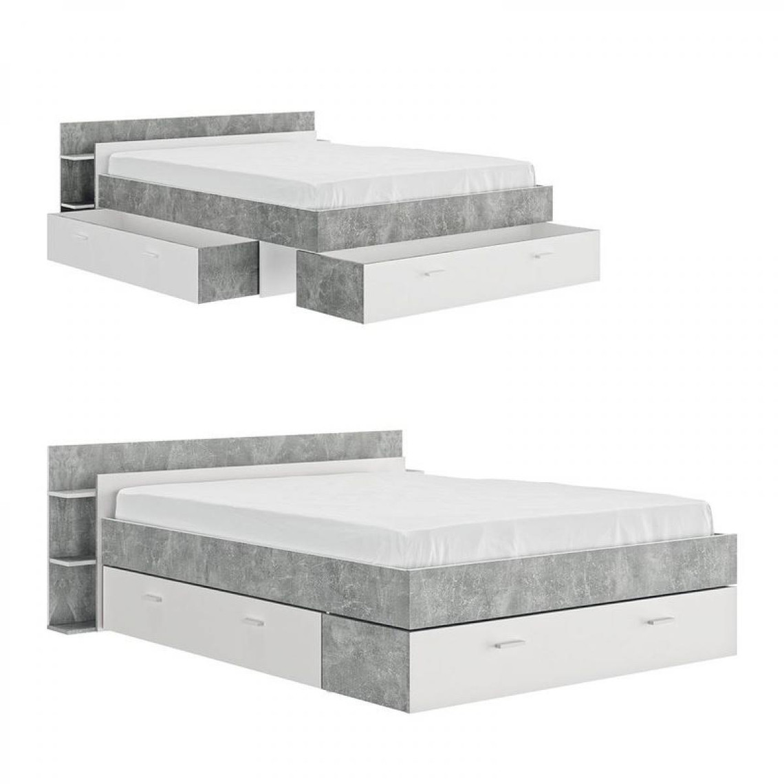 Cadres de lit But Lit 140x190 cm avec rangements TONIGHT blanc et béton