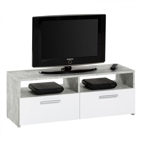 But - Meuble TV 2 tiroirs/2 niches RANA Effet béton/blanc - Meubles TV, Hi-Fi Rectangulaire