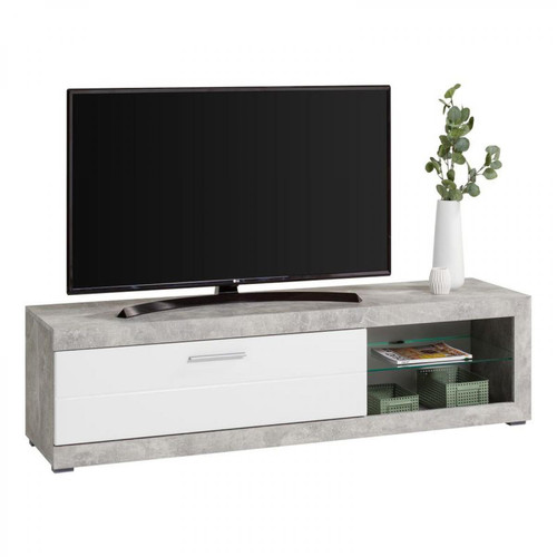 But - meuble tv contemporain REMO imitation béton/blanc - Meubles TV, Hi-Fi Rectangulaire