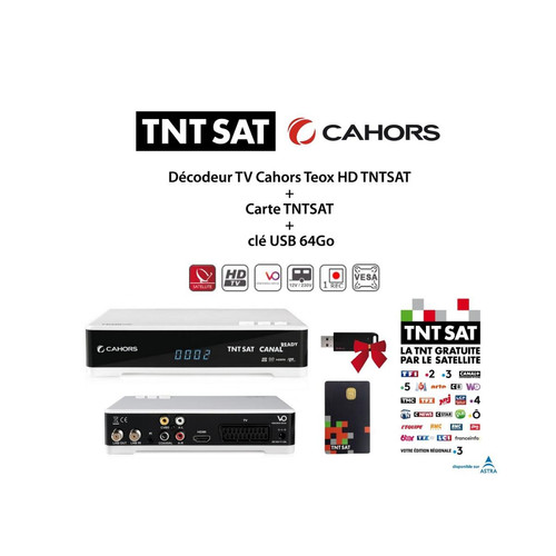 Cahors - Pack Décodeur TV Cahors Teox HD TNTSAT + Carte TNTSAT + clé USB 64Go - Adaptateur TNT