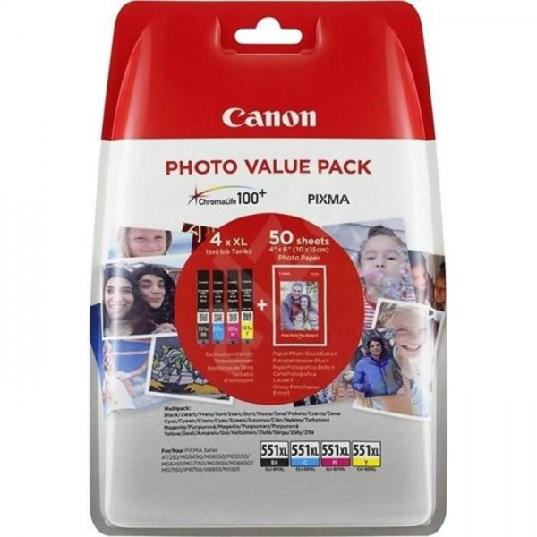 Cartouche d'encre Canon Cartouche d'Encre - Imprimante CANON Pack de 4 cartouches CLI-551 XL grande capacité Noir/Cyan/Magenta/Jaune (CLI551XL)