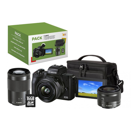 Canon - Pack EOS M50 Mark II Noir + EF-M 15-45 mm f/3.5-6.3 IS STM + EF-M 55-200 mm f/4.5-6.3 IS STM Noir + Etui + Carte SD 16 Go - Pack appareil photo Appareil Photo