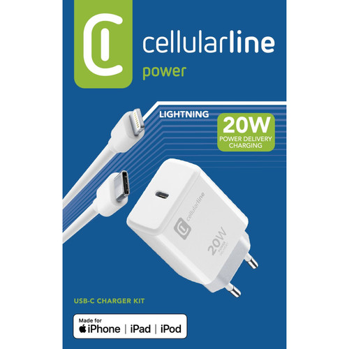 Cellular Line - Cellularline Kit chargeur USB-C 20W USB C vers chargeur Lightning pour Apple Iphone 8 et versions ultérieures Blanc Cellular Line  - Chargeur secteur téléphone Cellular Line