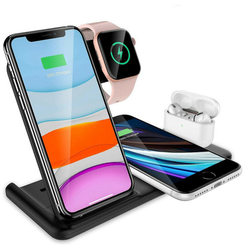 Chrono - Station de charge sans fil 4 en 1, support de charge rapide certifié Qi 15W compatible avec iPhone 12/12 Pro/12 Pro Max/11/11 Pro Max, Apple Watch, AirPods Pro,(noir) Chrono  - Accessoire Smartphone