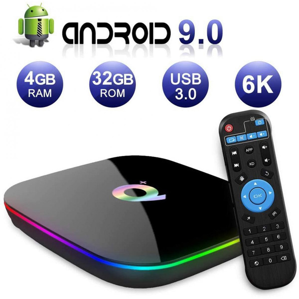 Adaptateur TNT Chrono Android TV Box，Q Plus Android 9.0 TV Box 4GB RAM/32GB ROM H6 Quad-Core Support 2.4Ghz WiFi 6K HDMI DLNA 3D Smart TV Box(Noir)