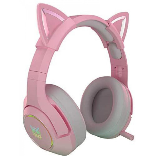 Chrono - Casque de jeu rose avec micro rétractable, oreilles de chat, casque amovible pour PS4, Xbox One, PC, téléphone portable, lumière LED stéréo 7.1, casque léger auto-ajustable pour femme(Rose) - Casque de réalité virtuelle