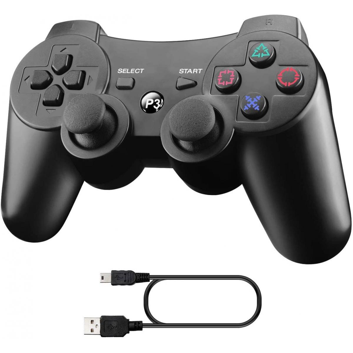 Manette retrogaming Chrono Manette PS3, Manette sans Fil pour Playstation 3 Bluetooth Manette avec Double Vibration Télécommande, Câble de Recharge（noir）