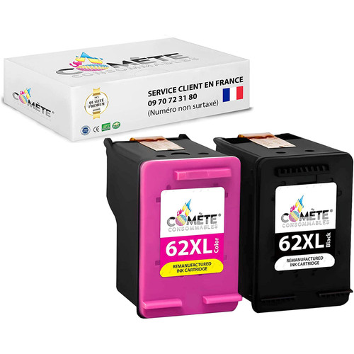 Comete Consommable - 62 XL 2 Cartouche d'encre compatibles avec HP 62 XL 62XL Noir  + Couleur Comete Consommable  - Imprimantes et scanners