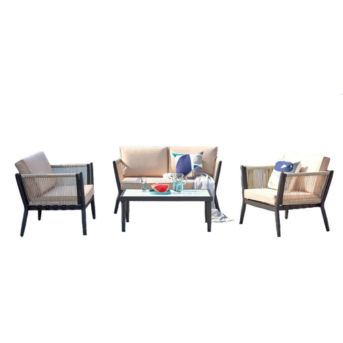Ensembles tables et chaises Concept Usine Salon jardin 4 places en alu et corde écru/noir ANAHMA