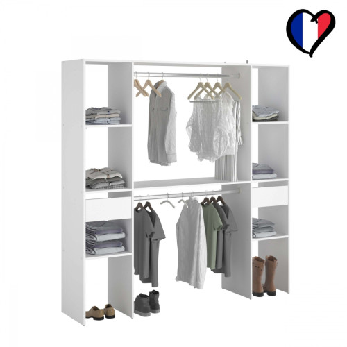Concept Usine - Elysée - Dressing blanc avec 6 étagères, 2 tiroirs et 2 penderies : 180 x 40 x 180 cm - Marchand Concept usine
