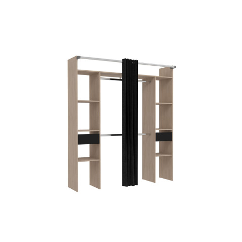 Concept Usine - Dressing bois avec rideau noir, 2 penderies, 6 étagères, 2 tiroirs ELYSEE Concept Usine  - Dressing avec rideaux