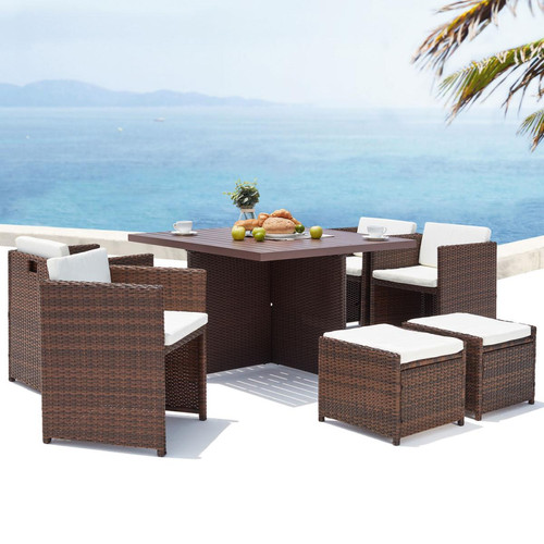Concept Usine - Sunset 8 : salon de jardin encastrable 8 places en résine tressée et aluminium marron/blanc - Ensembles tables et chaises Concept Usine